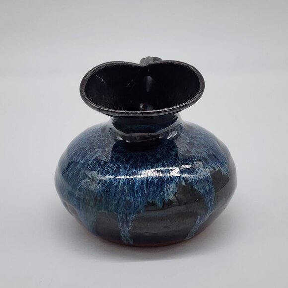 Vintage Born Polly Studio Pottery Vase Pinched Flared Rim & Blue Drip Glaze - Picture 4 of 8